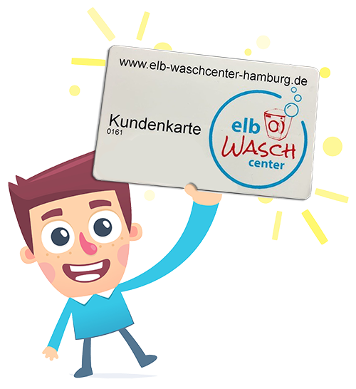 Illustration: fröhliche Figur hält die Elb-Waschcenter-Kundenkarte hoch